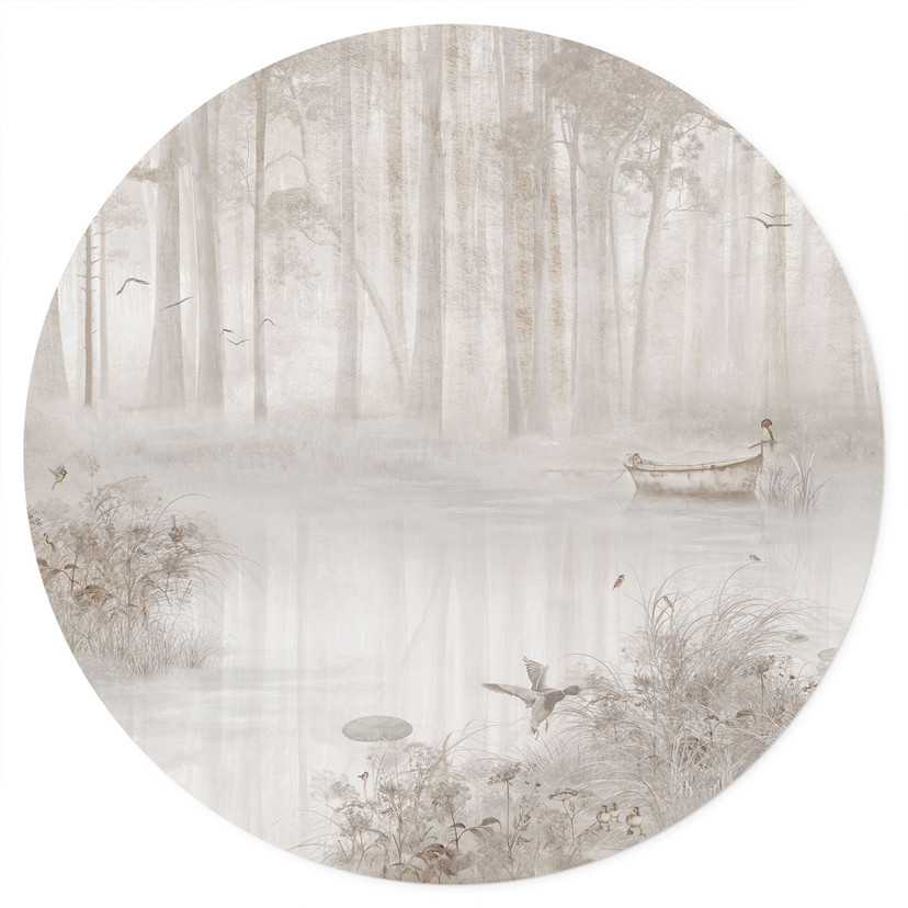 Muursticker bos bij het meer in beige mist - Ms Tiff - Rond