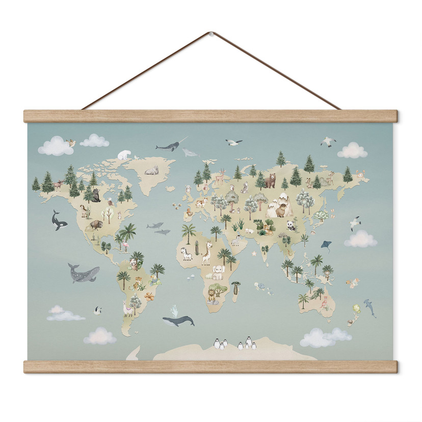 Kinderkamer Textielposter Wereldkaart - Wereld van de dieren - Oliver Robins
