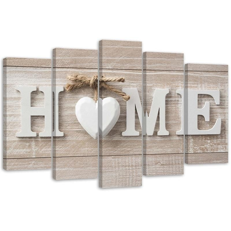 5 stykke lærred Print Heart Home Wood Shabby Beige