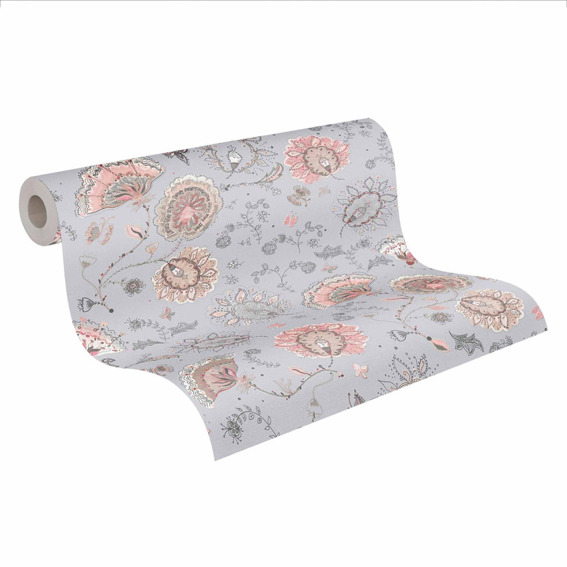 Klassisk blomstertapet grå pink - non-woven natur - plantetapet