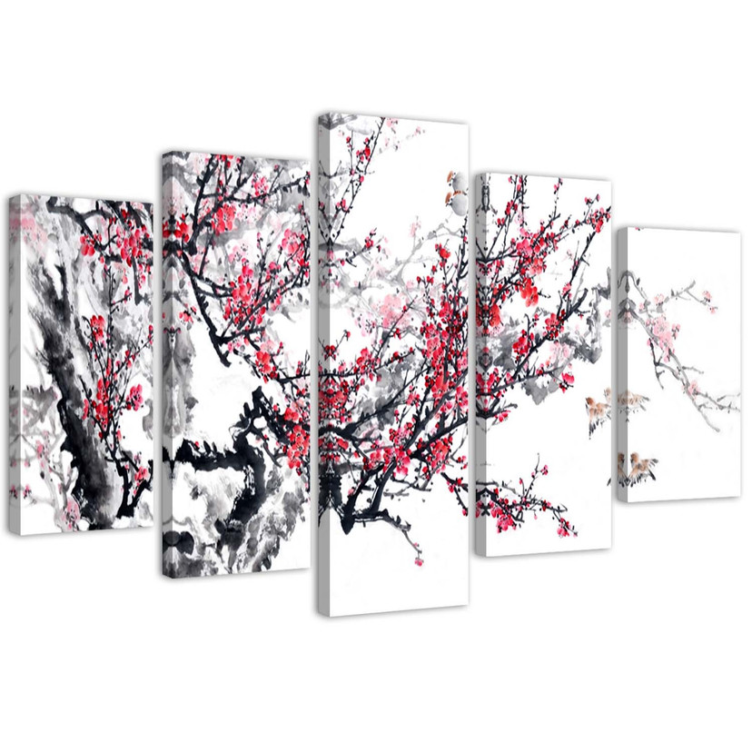 5 stykke lærredstryk, japansk kirsebærblomst