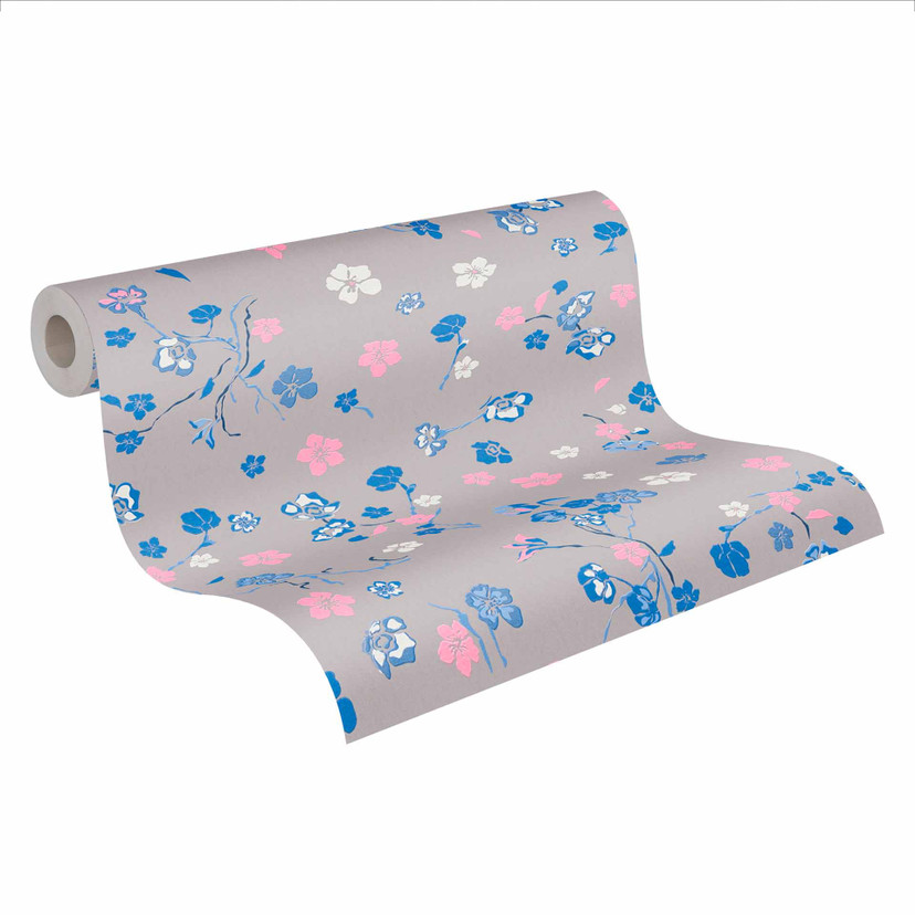 blomstertapet gråblå - blomstertapet designer - non-woven tapet natur