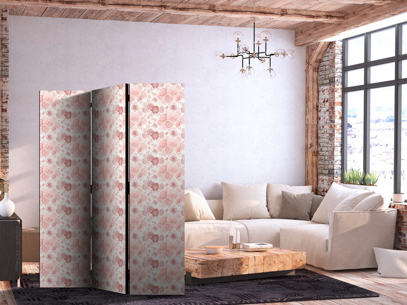 Paravent, Raumteiler freistehend, Trennwand - Pink Blossoming - Warm Floral White